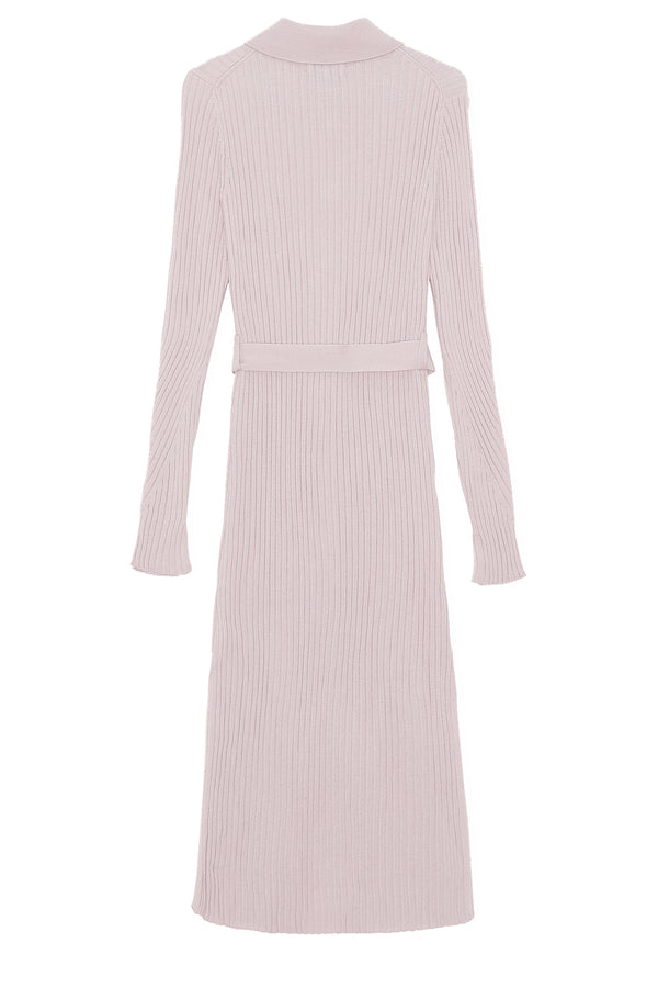 Pointed-Collar Ribbed Merino Wool Midi Dress