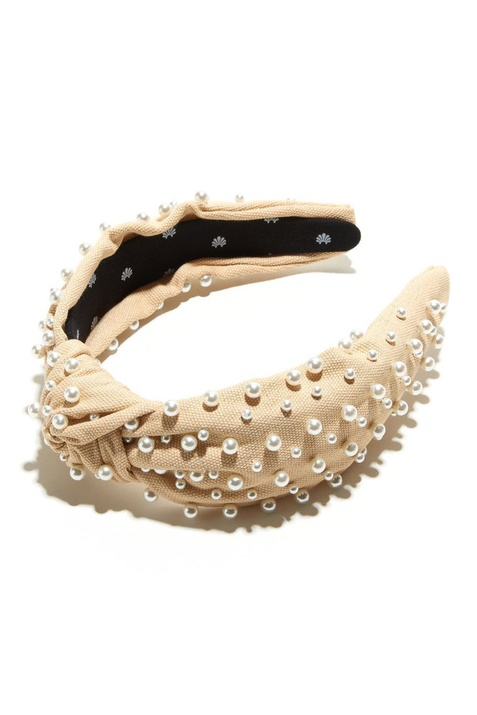 lele sadoughi woven multi pearl headband camel hajpant