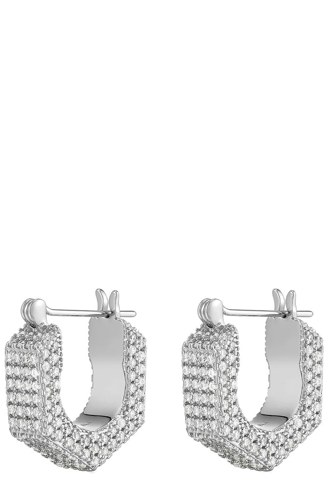 The pave Hex bolt huggie earrings in silver colour from LUV AJ
