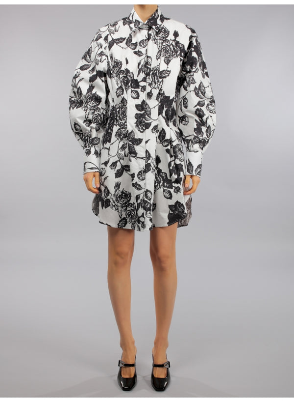 Floral-Pattern Puff-Sleeve Shirt Dress