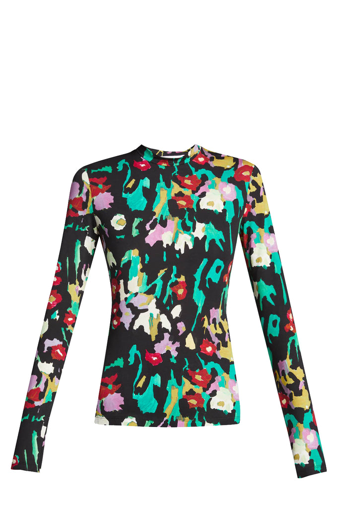 Painted Floral Jersey Turtleneck Top